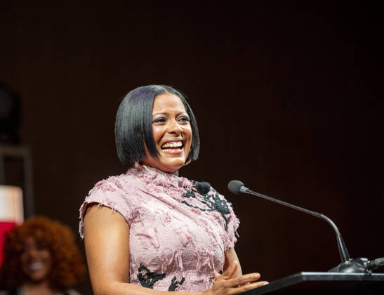 April 4, 2026, Philadelphia, Pennsylvania, United States: TAMRON HALL, American broadcast journalist, television talk show host and author, speaking at the WDAS-FM tenth annual Women Of Excellence Legend award at the luncheon held at the Philadelphia Sheraton Philadelphia United States - ZUMArf1_ 20260404_zaf_rf1_012 Copyright: xRickyxFitchettx