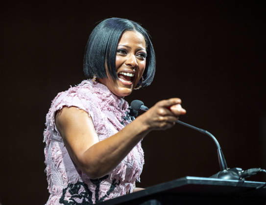 April 4, 2026, Philadelphia, Pennsylvania, United States: TAMRON HALL, American broadcast journalist, television talk show host and author, speaking at the WDAS-FM tenth annual Women Of Excellence Legend award at the luncheon held at the Philadelphia Sheraton Philadelphia United States - ZUMArf1_ 20260404_zaf_rf1_016 Copyright: xRickyxFitchettx