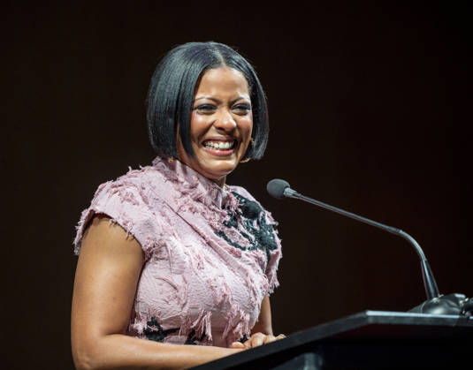 April 4, 2026, Philadelphia, Pennsylvania, United States: TAMRON HALL, American broadcast journalist, television talk show host and author, speaking at the WDAS-FM tenth annual Women Of Excellence Legend award at the luncheon held at the Philadelphia Sheraton Philadelphia United States - ZUMArf1_ 20260404_zaf_rf1_006 Copyright: xRickyxFitchettx