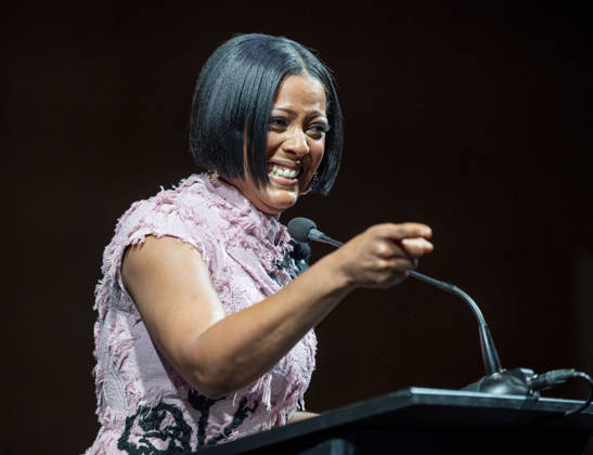 April 4, 2026, Philadelphia, Pennsylvania, United States: TAMRON HALL, American broadcast journalist, television talk show host and author, speaking at the WDAS-FM tenth annual Women Of Excellence Legend award at the luncheon held at the Philadelphia Sheraton Philadelphia United States - ZUMArf1_ 20260404_zaf_rf1_017 Copyright: xRickyxFitchettx