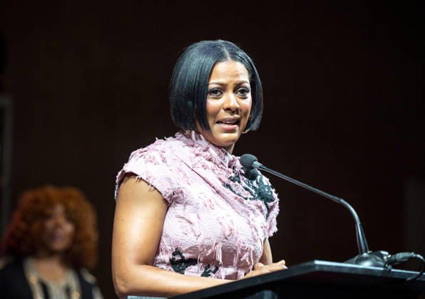 April 4, 2026, Philadelphia, Pennsylvania, United States: TAMRON HALL, American broadcast journalist, television talk show host and author, speaking at the WDAS-FM tenth annual Women Of Excellence Legend award at the luncheon held at the Philadelphia Sheraton Philadelphia United States - ZUMArf1_ 20260404_zaf_rf1_020 Copyright: xRickyxFitchettx