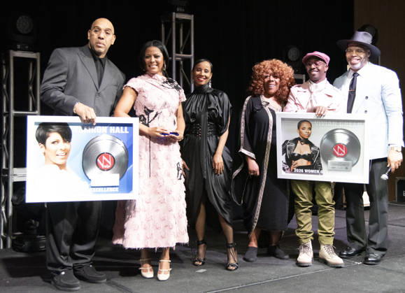 April 4, 2026, Philadelphia, Pennsylvania, United States: DERRICK CORBETT, Senior Vice President of Programming for iHeartMedia holds an award to present to TAMRON HALL, American broadcast journalist, television talk show host and author Singer song writer, VIVIAN GREEN, radio host PATTY JACKSON, rapper KWAME, and singer, ERIC ROBERSON, at the WDAS-FM tenth annual Women Of Excellence Legend award at the luncheon held at the Philadelphia Sheraton Philadelphia United States - ZUMArf1_ 20260404_zaf_rf1_045 Copyright: xRickyxFitchettx