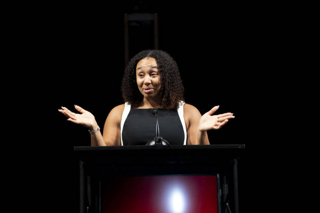 April 4, 2026, Philadelphia, Pennsylvania, United States: AUTUMN LOCKWOOD, Philadelphia Eagles football coach and the first Black woman to coach in a Super Bowl, speaking during the WDAS-FM annual Women Of Excellence awards luncheon where she was honored as a Woman of Excellence held at the Philadelphia Sheraton Philadelphia United States - ZUMArf1_ 20260404_zaf_rf1_050 Copyright: xRickyxFitchettx