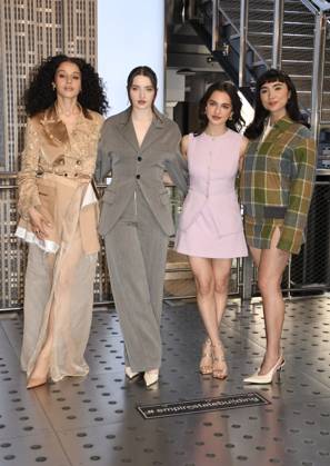 NEW YORK, NY- APRIL 7: Chase Infiniti. Lucy Halliday, Mattea Conforti and Rowan Blanchard pictured as the cast of Hulu™s The Testaments to Visit the Empire State Building Ahead of April 8 Premiere on April 7, 2026 in New York City. Copyright: xmpi099x