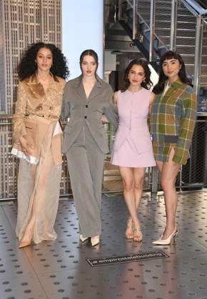 NEW YORK, NY- APRIL 7: Chase Infiniti. Lucy Halliday, Mattea Conforti and Rowan Blanchard pictured as the cast of Hulu™s The Testaments to Visit the Empire State Building Ahead of April 8 Premiere on April 7, 2026 in New York City. Copyright: xmpi099 MediaPunchx