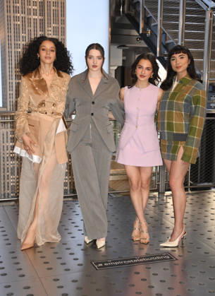 NEW YORK, NY- APRIL 7: Chase Infiniti. Lucy Halliday, Mattea Conforti and Rowan Blanchard pictured as the cast of Hulu™s The Testaments to Visit the Empire State Building Ahead of April 8 Premiere on April 7, 2026 in New York City. Copyright: xmpi099 MediaPunchx