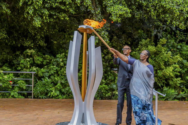 (260407) -- KIGALI, April 7, 2026 -- Rwandan President Paul Kagame and first lady Jeannette Kagame light the Flame of Remembrance during a commemoration event of the 32nd anniversary of the 1994 genocide against the Tutsi in Kigali, Rwanda, on April 7, 2026. Rwandan President Paul Kagame on Tuesday emphasized the importance of confronting denial and preserving historical truth as the country began a week of national mourning and 100 days of commemoration to mark the 32nd anniversary of the 1994 genocide against the Tutsi. (Photo by Xinhua) RWANDA-KIGALI-COMMEMORATION-1994 GENOCIDE AGAINST TUTSI CyrilxNdegeya 