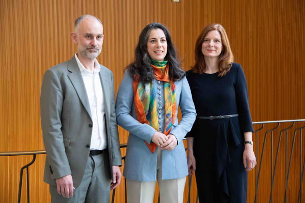 von links: Sebastian KOENIG, König, Manager WDR Sinfonieorchester, Marie JACQUOT, Musikerin, Chefdirigentin WDR Sinfonieorchester, Dr. Katrin VERNAU, Intendantin des WDR; Pressekonferenz anlaesslich der Vorstellung der neuen Chefdirigentin des WDR Sinfonieorchesters, beim WDR in Koeln am 10.04.2026,