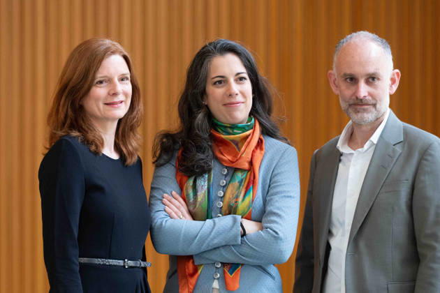 von links: Dr. Katrin VERNAU, Intendantin des WDR; Marie JACQUOT, Musikerin, Chefdirigentin WDR Sinfonieorchester, Sebastian KOENIG, König, Manager WDR Sinfonieorchester, Pressekonferenz anlaesslich der Vorstellung der neuen Chefdirigentin des WDR Sinfonieorchesters, beim WDR in Koeln am 10.04.2026,