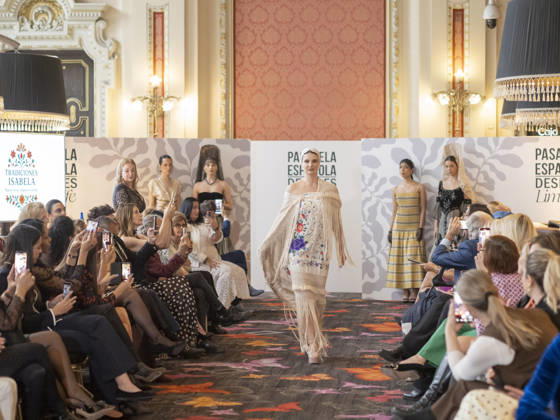 April 12, 2026, Madrid, Madrid, Spain: MADRID, SPAIN - APRIL 12: A model showcases a creation by TRADICIONES ISABELA during the Pasarela EspaoÂ±ola LimeLife at Casino Gran Via on April 12, 2026 in Madrid, Spain. Madrid Spain - ZUMAh199 20260412_zip_h199_018 Copyright: xAaronxHerediax
