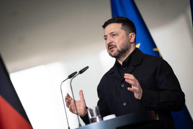 Ukrainischer Präsident Wolodymyr Selenskyj während der gemeinsamen Pressekonferenz;Ukrainischer Präsident im Bundeskanzleramt Berlin, Deutschland April 2026, Berlin Berlin Deutschland Bundeskanzleramt