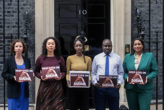 . 14 04 2026. London, United Kingdom. Sudanese Petition Downing Street. CAFOD (Catholic Agency for Overseas Development) and other leading charities join Anneliese Dodds MP and Sudanese representatives in Downing Street to deliver a 41,243-strong petition demanding action from the UK Government.  xMartynxWheatleyx xi-Imagesx IIM-26700-0005