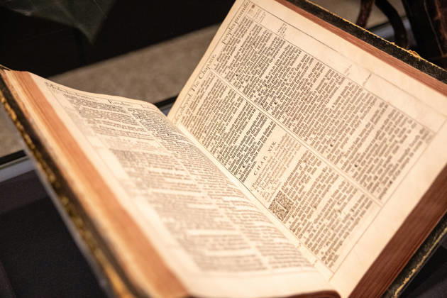 V&A East Museum at Queen Elizabeth Olympic Park, London, UK 14 April 2026 A bible on display at V&A East Museum, Queen Elizabeth Olympic Park, London, UK, on 14 April 2026. The new museum opens to the public on 18 April 2026 as part of the East Bank development, celebrating making and creativity through its permanent Why We Make galleries, temporary exhibition The Music is Black: A British Story, and new creative commissions., Credit:Pete Speller Avalon Copyright: xPetexSpellerx xAvalonx 1090966848