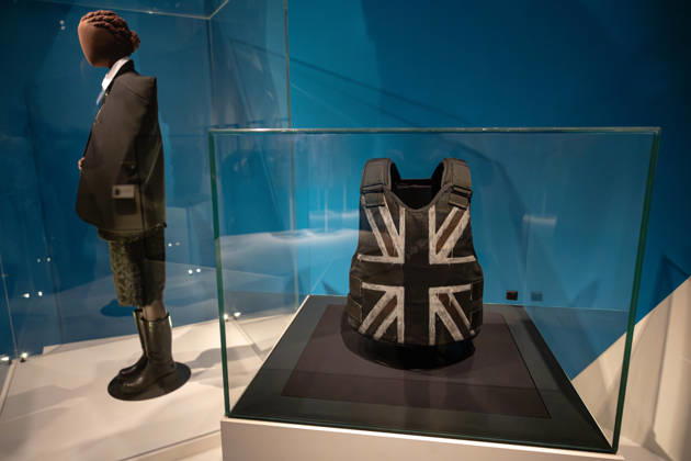 V&A East Museum at Queen Elizabeth Olympic Park, London, UK 14 April 2026 Union Jack stab vest designed by Banksy and worn by Stormzy during his headline set at Glastonbury on display at V&A East Museum, Queen Elizabeth Olympic Park, London, UK, on 14 April 2026. The new museum opens to the public on 18 April 2026 as part of the East Bank development, celebrating making and creativity through its permanent Why We Make galleries, temporary exhibition The Music is Black: A British Story, and new creative commissions., Credit:Pete Speller Avalon Copyright: xPetexSpellerx xAvalonx 1090967017