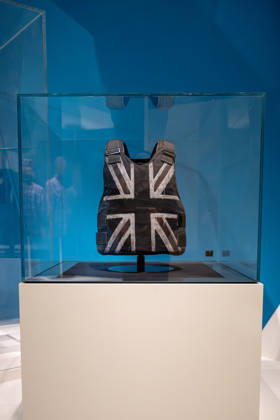 V&A East Museum at Queen Elizabeth Olympic Park, London, UK 14 April 2026 Union Jack stab vest designed by Banksy and worn by Stormzy during his headline set at Glastonbury on display at V&A East Museum, Queen Elizabeth Olympic Park, London, UK, on 14 April 2026. The new museum opens to the public on 18 April 2026 as part of the East Bank development, celebrating making and creativity through its permanent Why We Make galleries, temporary exhibition The Music is Black: A British Story, and new creative commissions., Credit:Pete Speller Avalon Copyright: xPetexSpellerx xAvalonx 1090967001