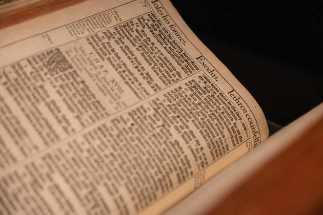 V&A East Museum at Queen Elizabeth Olympic Park, London, UK 14 April 2026 A bible on display at V&A East Museum, Queen Elizabeth Olympic Park, London, UK, on 14 April 2026. The new museum opens to the public on 18 April 2026 as part of the East Bank development, celebrating making and creativity through its permanent Why We Make galleries, temporary exhibition The Music is Black: A British Story, and new creative commissions., Credit:Pete Speller Avalon Copyright: xPetexSpellerx xAvalonx 1090967081