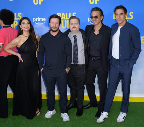Balls Up Premiere - Los Angeles, USA LOS ANGELES, USA. April 14, 2026: Eva De Dominici, Mark Wahlberg, Paul Walter Hauser, Benjamin Bratt & Sacha Baron Cohen at the premiere for Balls Up at the Harmony Gold Theatre. Los Angeles CA USA  Copyright: xPaulxSmith Featureflashx