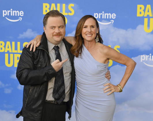 Cast members Paul Walter Hauser (L) and Molly Shannon attend the premiere of the motion picture sports comedy Balls Up at the Harmony Gold Theater in Los Angeles on Tuesday, April 14, 2026. Storyline: Two marketers pitch a bold new condom World Cup sponsorship. After a booze-fueled scandal, they must outrun chaos to survive.  LAP2026041429 JIMxRUYMEN