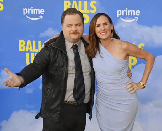 Cast members Paul Walter Hauser (L) and Molly Shannon attend the premiere of the motion picture sports comedy Balls Up at the Harmony Gold Theater in Los Angeles on Tuesday, April 14, 2026. Storyline: Two marketers pitch a bold new condom World Cup sponsorship. After a booze-fueled scandal, they must outrun chaos to survive.  LAP2026041430 JIMxRUYMEN