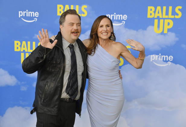 Cast members Paul Walter Hauser (L) and Molly Shannon attend the premiere of the motion picture sports comedy Balls Up at the Harmony Gold Theater in Los Angeles on Tuesday, April 14, 2026. Storyline: Two marketers pitch a bold new condom World Cup sponsorship. After a booze-fueled scandal, they must outrun chaos to survive.  LAP2026041433 JIMxRUYMEN