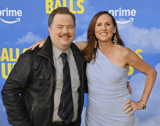 Cast members Paul Walter Hauser (L) and Molly Shannon attend the premiere of the motion picture sports comedy Balls Up at the Harmony Gold Theater in Los Angeles on Tuesday, April 14, 2026. Storyline: Two marketers pitch a bold new condom World Cup sponsorship. After a booze-fueled scandal, they must outrun chaos to survive.  LAP2026041434 JIMxRUYMEN