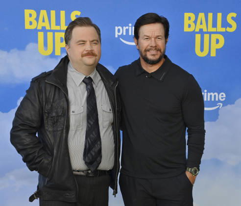 Cast members Paul Walter Hauser (L) and Mark Wohlberg attend the premiere of the motion picture sports comedy Balls Up at the Harmony Gold Theater in Los Angeles on Tuesday, April 14, 2026. Storyline: Two marketers pitch a bold new condom World Cup sponsorship. After a booze-fueled scandal, they must outrun chaos to survive.  LAP2026041428 JIMxRUYMEN