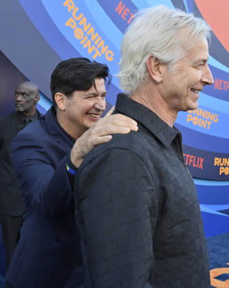 Cast member Ken Marino (L) and recurring guest star Rob Huebel attend the premiere of Netflix s Season 2 TV series sport comedy Running Point at the Egyptian Theatre in the Hollywood section of Los Angeles on Wednesday, April 15, 2026. Storyline: Isla Gordon, overlooked her whole life, is appointed President of the LA Waves basketball team, a family business, when her brother enters rehab. She aims to prove she is the right choice despite skepticism.  LAP2026041557 JIMxRUYMEN