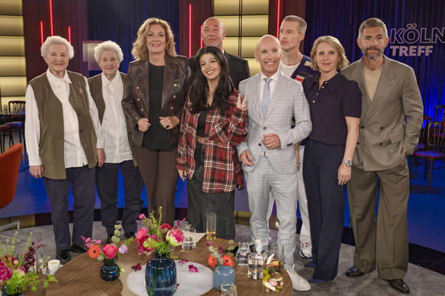 Annegret Miunske, Bärbel Sperling, Bettina Tietjen, Der Graf, Rosemondy, Michael Begasse, Benjamin von Stuckrad-Barre, Susanne Link und Micky Beisenherz bei der Aufzeichnung der WDR-Talkshow Kölner Treff im WDR Studio BS 3. Köln, 16.04.2026