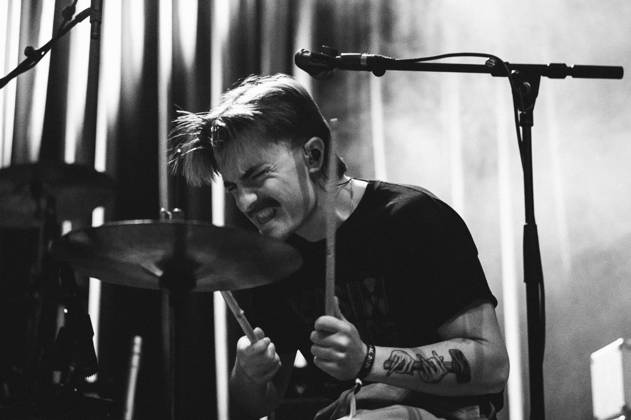Konzert von GANS in Berlin Konzert der britischen Post-Punk-Band GANS am 17.04.2026 im Berliner Huxleys Neue Welt. Hier im Bild Iuan Woodman., Berlin Berlin Deutschland Neukölln