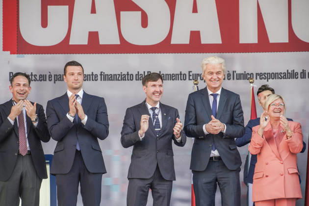 Jordan Bardella At Patriots For Europe Public Rally - Milan From left to right: Tom Van Grieken, Jordan Bardella, Martin Helme, and Geert Wilders attending the Without Fear: Europe is Masters in Our Own House event organized by the European Patriots and Lega Salvini Premier in Milan, Italy on April 18, 2024. Photo by Emanuele De Carli IPA ABACAPRESS.COM MILAN ITALY Italy  Copyright: xIPA ABACAx