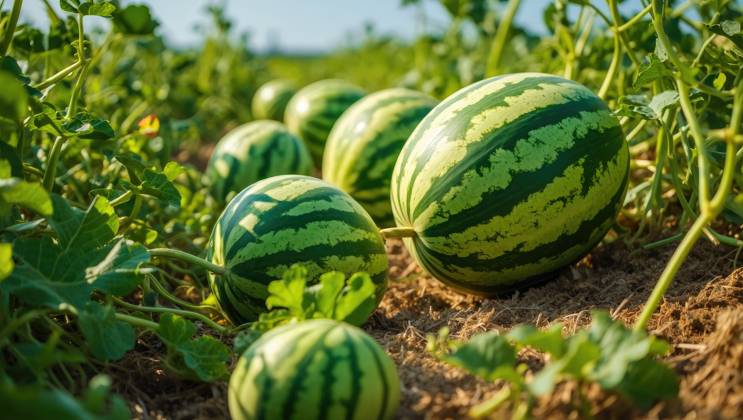 Grüne Wassermelonen auf dem Feld, Nahaufnahme des Fotos. Sommer Green watermelons in the field, closeup of photo. (License=RF) Copyright: xZoonar.com HalinaxKarpisonavax 24861690