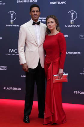 Raphael Varane and Camille Tytgat attend the red carpet during 2026 Laureus World Sport Awards. April 20,2026. (202604201116)
