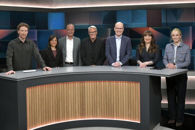 Louis Klamroth, Samina Sultan, Matthias Miersch, Heiner Kamps, Ralph Brinkhaus, Heidi Reichinnek und Marie Hoffmann in der ARD-Talkshow hart aber fair im Studio Adlershof. Berlin, 20.04.2026