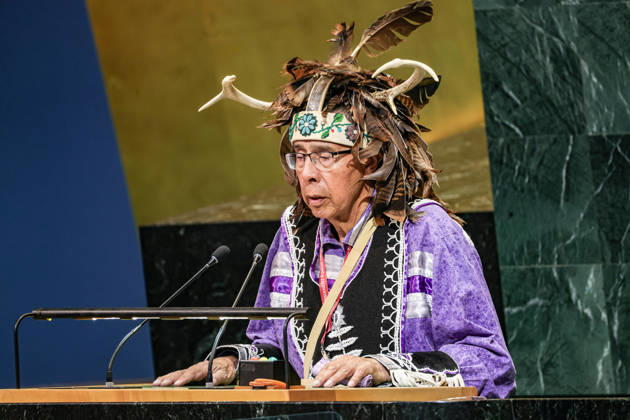 April 20, 2026, New York, New York, USA: TADODAHO SID HILL, Chief of the Onondaga Nation, speaks during the United Nations Permanent Forum on Indigenous Issues entitled -Ensuring Indigenous Health-. In its 25th year, the forum opened in the General Assembly Hall, bringing together Indigenous representatives from around the world to address the continued presence and participation of Indigenous peoples at negotiating tables. New York USA - ZUMAo116 20260420_znp_o116_011 Copyright: xBiancaxOterox