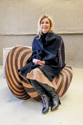 Arnhem, The Netherlands, 2026-04-21 14:03:48 ARNHEM, 21-04-2026, Cleantech Park. Queen Maxima visits Cleantech Park Arnhem. Arnhem has been named SME City 2026 by the business association MKB-Nederland. Every year, MKB-Nederland awards this title to a city or region that demonstrates it stands alongside entrepreneurs, actively works towards an attractive business climate, supports collaboration with entrepreneurs, and offers space for innovation, growth, and networking. PHOTO: NLBeeld Patrick van Emst. In the photo: Queen Maxima takes a seat on a circular design chair by Joris Laarman. Credit: NL Beeld Patrick van Emst Copyright: xx x