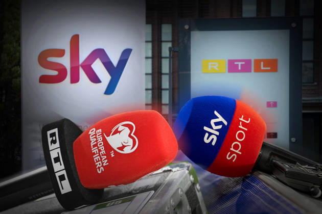 ACHTUNG FOTOMONTAGE: Nach Uebernahme RTL kauft Sky. Mikrofone von RTL und skySport. Konzernzentrale von RTL in Deutschland an der Koelner Messe und das sky Logo in Unterfoehring.