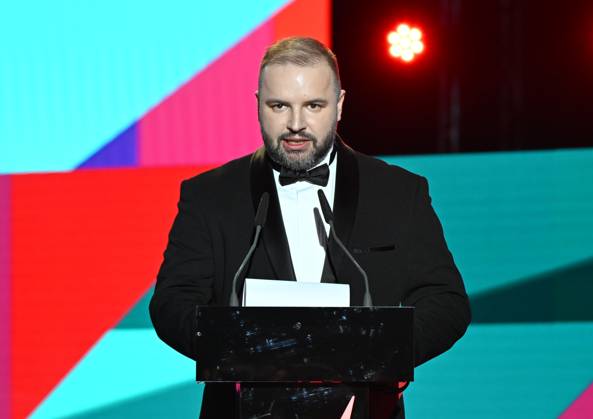 Russia Moscow International Film Festival 9150178 23.04.2026 Screenwriter Andrey Zolotaryov speaks during the closing ceremony of the 48th Moscow International Film Festival (MIFF) in Moscow, Russia. Ekaterina Chesnokova Sputnik Moscow Russia  Copyright: xEkaterinaxChesnokovax