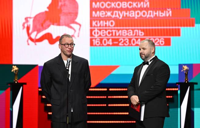 Russia Moscow International Film Festival 9150181 23.04.2026 Film director Pavel Ivanov, who has received the Audience Award for his film Father , speaks during the closing ceremony of the 48th Moscow International Film Festival (MIFF) in Moscow, Russia. Screenwriter Andrey Zolotaryov is at right. Ekaterina Chesnokova Sputnik Moscow Russia  Copyright: xEkaterinaxChesnokovax