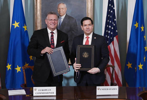 Secretary Rubio signs trade deal with EU trade chief Maros Sefcovic US Secretary of State Marco Rubio (R) participates in a Memorandum of Understanding Signing Ceremony for the US-EU Strategic Partnership on Critical Minerals with European Commissioner for Trade and Economic Security Maros Sefcovic (L) at the State Department in Washington, DC, on April 24, 2026. Photo by Olivier Douliery ABACAPRESS.COM Washington DC United States  Copyright: xDoulieryxOlivier ABACAx
