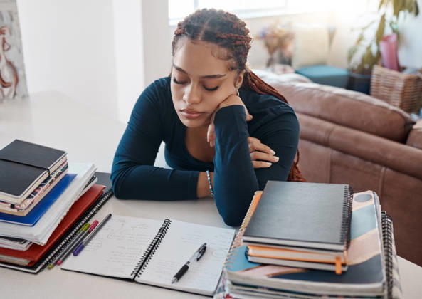 Sleep, books and black woman student writing homework in notebook or studying for exam test paper. College, University African or homeschool girl tired from learning, knowledge and education at house. (License=RF) ,model released, Symbolfoto  Copyright: xZoonar.com YurixArcursxpeopleimages.comx 19111455 ,model released, Symbolfoto ,property released