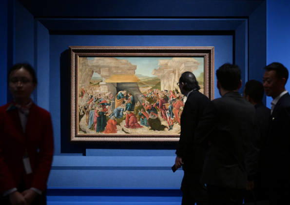 (260427) -- BEIJING, April 27, 2026 -- Visitors view an art work during an exhibition in Beijing, capital of China, April 27, 2026. An art exhibition Homage to the Virtuosos: From Leonardo da Vinci to Caravaggio -- Masterpieces of the Italian Renaissance opens to the public here on Monday. This exhibition displays 36 masterpieces by more than 20 renowned Italian artists from the 15th to the 17th centuries, including Botticelli, da Vinci, Michelangelo, and Raphael. Most of the works are on display in China for the first time. ) CHINA-BEIJING-ITALIAN RENAISSANCE-EXHIBITION (CN) LixHe 