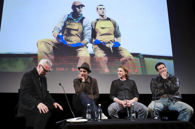 Mark Kermode, Mark Jenkin, George Mackay, Callum Turner in der Talkshow Mark Kermode Live in 3D im BFI Southbank. London, 27.04.2026