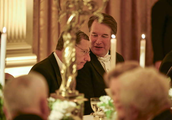 Sen. John Barrasso and Supreme Court Justice Brett Kavanaugh talk during a state dinner at the White House on Tuesday, April 28, 2026 in Washington, D.C. Charles spoke to a joint session of Congress earlier in the day, and attended several events with U.S. President Donald Trump.  WAX20260428209 CraigxHudson