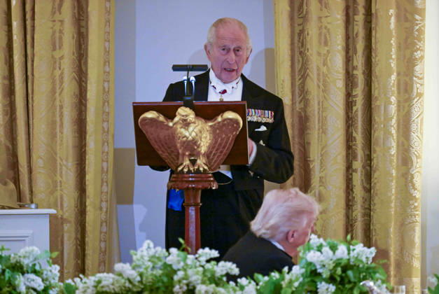 King Charles addresses the guests at the state dinner at the White House on Tuesday, April 28, 2026 in Washington, DC. Charles spoke to a joint session of Congress earlier in the day, and attended several events with U.S. President Donald Trump.  WAX20260428210 CraigxHudson