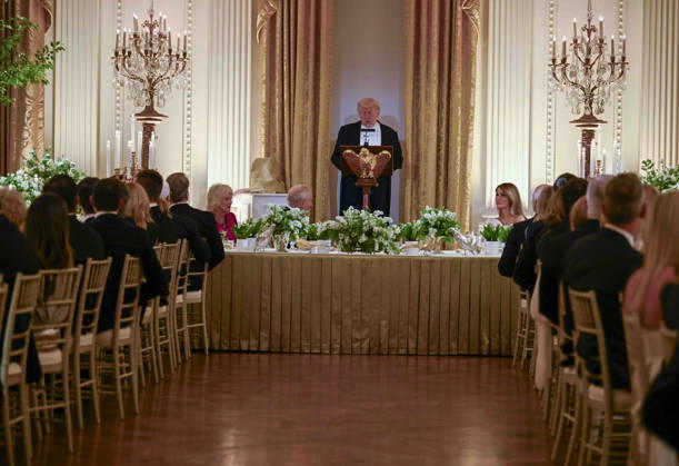 President Donald Trump address the guests at the state dinner for King Charles at the White House on Tuesday, April 28, 2026 in Washington, DC. Charles spoke to a joint session of Congress earlier in the day, and attended several events with U.S. President Donald Trump.  WAX20260428211 CraigxHudson