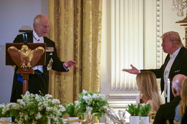 Great Britain s King Charles talks with President Donald Trump during a state dinner at the White House on Tuesday, April 28, 2026 in Washington, DC. Charles spoke to a joint session of Congress earlier in the day, and attended several events with U.S. President Donald Trump.  WAX20260428212 CraigxHudson