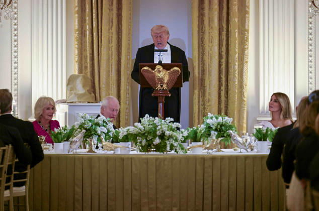 President Donald Trump address the guests at the state dinner for King Charles at the White House on Tuesday, April 28, 2026 in Washington, DC. Charles spoke to a joint session of Congress earlier in the day, and attended several events with U.S. President Donald Trump.  WAX20260428213 CraigxHudson