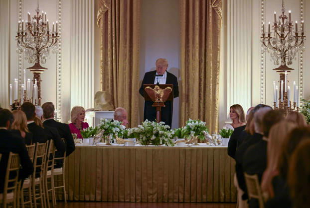 President Donald Trump addresses the guests at the state dinner for King Charles at the White House on Tuesday, April 28, 2026 in Washington, DC. Charles spoke to a joint session of Congress earlier in the day, and attended several events with U.S. President Donald Trump.  WAX20260428218 CraigxHudson