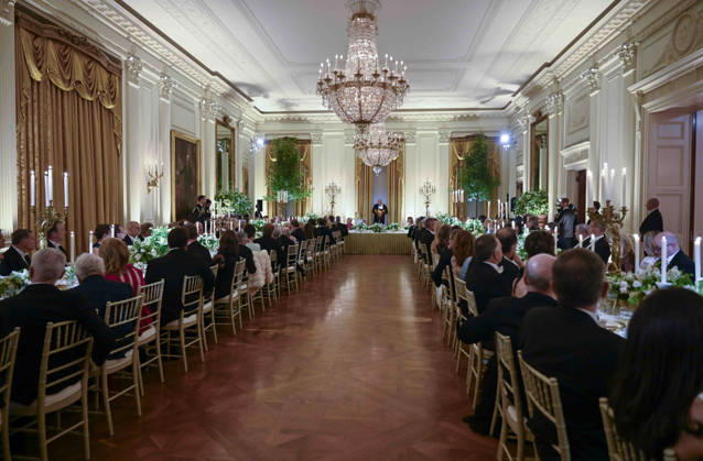President Donald Trump addresses the guests at the state dinner for King Charles at the White House on Tuesday, April 28, 2026 in Washington, DC. Charles spoke to a joint session of Congress earlier in the day, and attended several events with U.S. President Donald Trump.  WAX20260428219 CraigxHudson