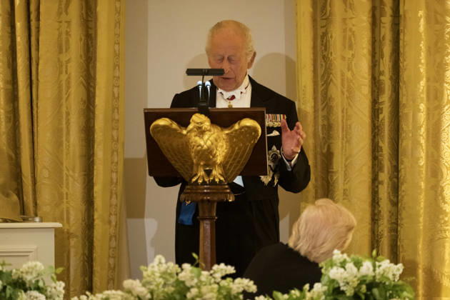 Great Britain s King Charles gives remarks during a state dinner with President Donald Trump and First Lady Melania Trump at the White House on Tuesday, April 28, 2026 in Washington, D.C. Charles spoke to a joint session of Congress earlier in the day, and attended several events with U.S. President Donald Trump.  WAX20260428239 CraigxHudson
